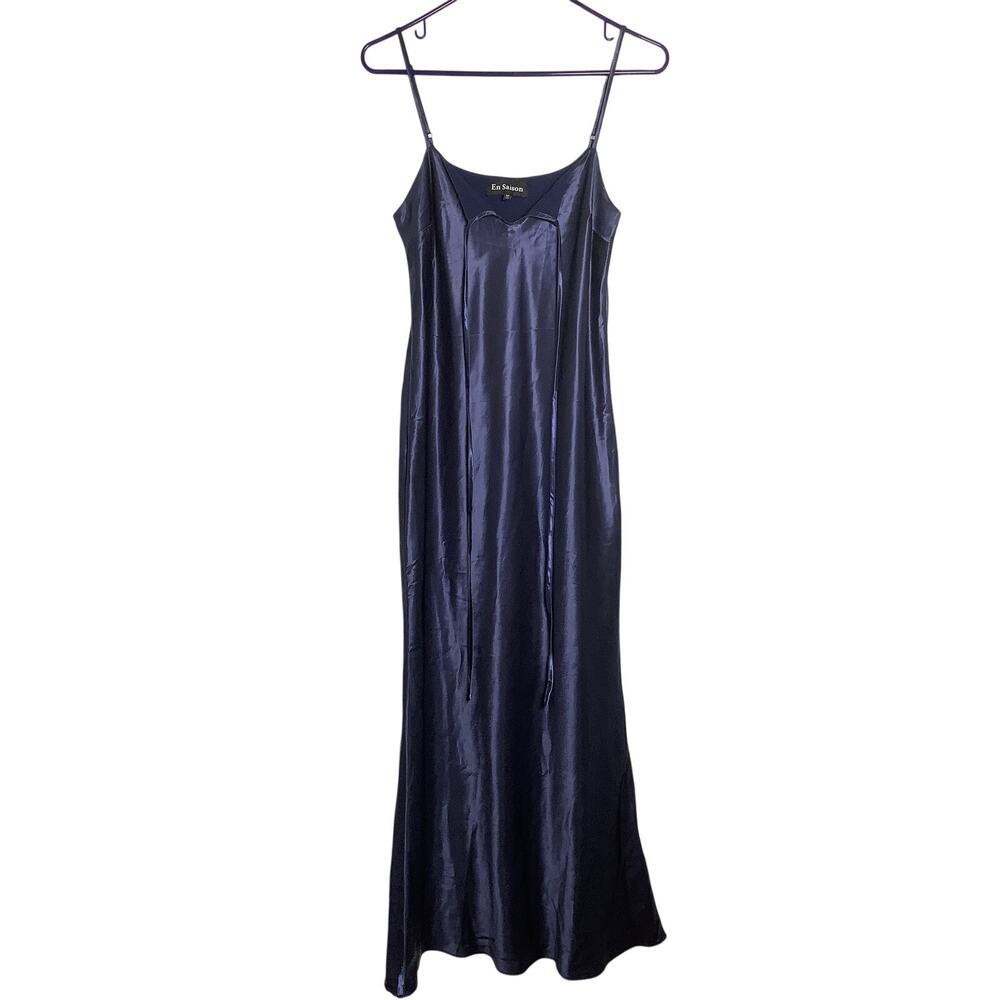 En Saison Women's Medium Navy Blue Satin Slip Midi Dress Cocktail Party I2-14